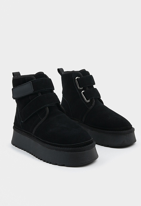 Office artillery chunky black suede three buckle boots top